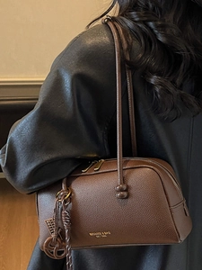 Chic brown litchi pattern pillow shoulder bag for women with gold logo and dual zippers
