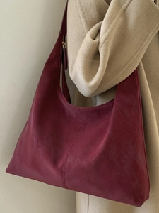 Vintage large burgundy suede hobo shoulder bag with zipper and stitching details