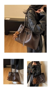 Detailed views of dark brown faux leather tote bag with stylish plush bear pendant