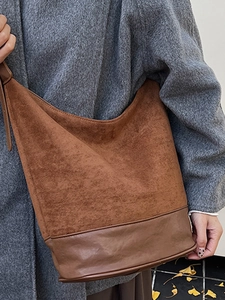 Retro brown suede large capacity hobo shoulder bag for women with leather trim