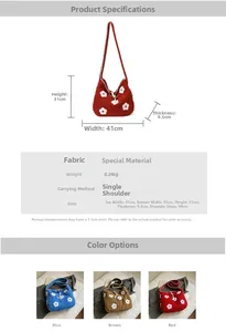 Size chart for floral plush tote bag with measurements and color options for winter style