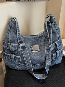 Women Vintage Washed Denim Hobo Shoulder Bag Large Capacity Crossbody Tote Bag With Metal Plate And Buckle Straps Decoration