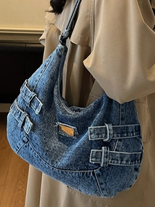 Retro denim tote bag featuring large capacity and stylish metal buckle strap details