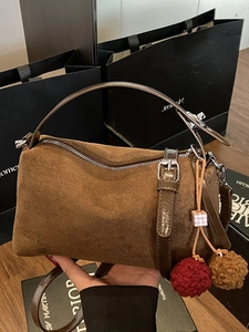 Vintage Suede Underarm Bag For Women Frosted Minimalist Shoulder Bag With Pom Pom Pendant Daily Casual Travel Purse