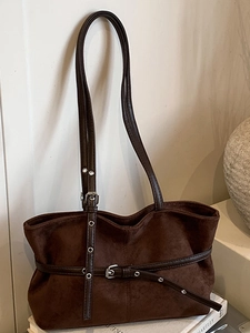 Women Vintage Suede Tote Bag Retro Commuting Shoulder Bag With Metal Buckle Eyelet Straps Large Capacity Casual Handbag