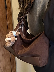 Retro brown large capacity shoulder bag in suede leather with a cute plush dog charm