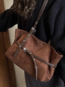 Deep brown suede minimalist tote bag for women with decorative vintage metal buckles