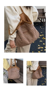 Close-up of vintage check pattern tote bag featuring warm faux shearling lining and straps
