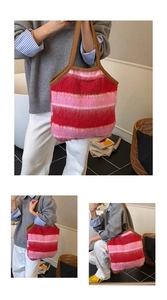 Three-way view of a fluffy red and pink striped tote bag with Bonne journée embroidery
