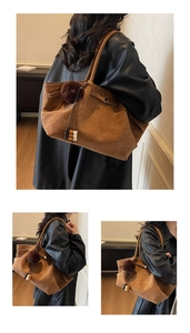 Detail of a brown faux suede tote bag featuring a decorative fur pompom and wooden beads