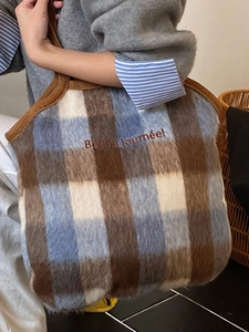 Large vintage plaid fuzzy tote bag with 'Bonne journée' embroidery for women