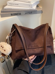 Women Vintage Suede Shoulder Bag Large Capacity Solid Color Tote Bag With Plush Pendant Urban Minimalist Stitching Commuter Handbag