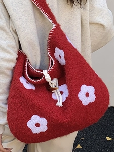 Winter red plush hobo bag with white flower embroidery and toggle closure