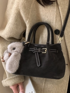 Retro dark brown frosted leather large tote bag with white stitching and rabbit charm