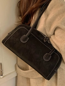 Minimalist retro dark coffee suede underarm tote bag with stylish white contrast stitching