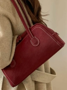 Vintage burgundy faux suede baguette bag with white contrast stitching for women