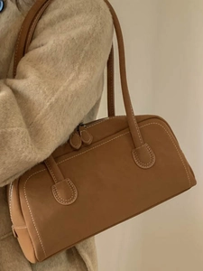 Minimalist brown suede shoulder bag with contrast stitching for women's vintage daily wear