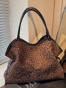 Fashion Leopard Print Large Capacity Suede Tote Bag For Women With Letter Embroidery Casual Shoulder Handbag For Daily Use