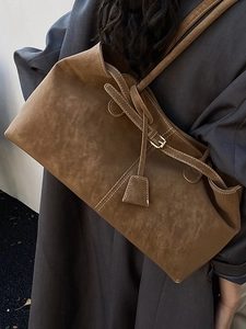 Brown suede minimalist tote bag for women with silver buckle and large capacity