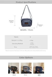 Guide des tailles détaillé du sac bandoulière en denim avec fermeture éclair et couleurs