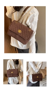 Trois vues d'un sac cabas marron matelassé avec chaîne dorée et fermoir sur un mannequin