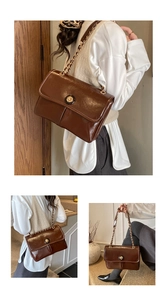 Three-way view of brown vintage leather chain bag showing shoulder, back and hand-carry styles