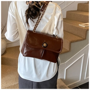 Detail of vintage brown shoulder bag with gold chain strap and stylish round twist lock closure
