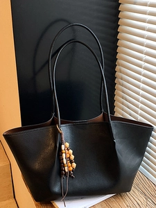 Women Large Capacity PU Leather Tote Bag Vintage Minimalist Shoulder Bag With Wood Bead Charm Retro Commuter Handbag