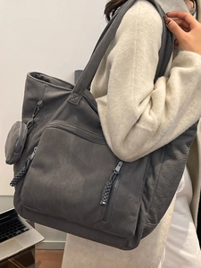 Grande borsa tote in velluto a coste grigio scuro con piccolo portamonete rotondo