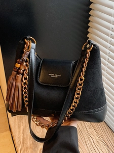 Retro Women Suede Patchwork Shoulder Bag With Gold Chain Tassel Quilted Fashion Underarm Bag Simple Daily Commuting Handbag
