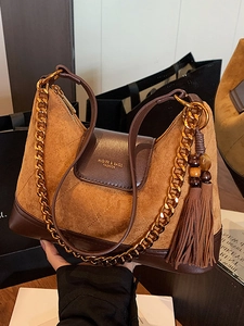 Chic 2025 retro brown suede square crossbody bag with diamond quilting and fringe
