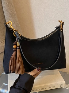 Minimalist Suede Shoulder Bag For Women Retro Hobo Underarm Bag With Tassel Pendant Stitching PU Trim Daily Commute Tote