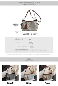 Guide des tailles pour sac bandoulière en cuir PU montrant les dimensions 25x18x12cm