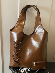 Women Large Capacity PU Leather Tote Bag Fashion Glossy Lace Up Shoulder Bag With Mini Pouch Urban Minimalist Retro Handbag