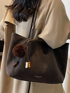 Vintage dark brown large tote bag in soft matte leather with plush ball and beads
