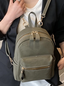 Minimalist olive green faux suede mini backpack with golden hardware for trendy women