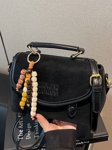 Vintage Fashion PU Leather Shoulder Bag For Women Retro Solid Color Small Square Crossbody Bag With Beaded Pendant Elegant Daily Handbag