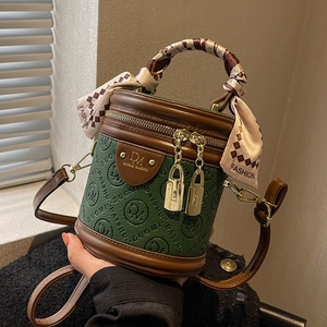 Vintage Damen PU Leder Eimertasche Zylindrische Handtasche Mode Schal Griff Umhängetasche Gold Hardware Schultertasche