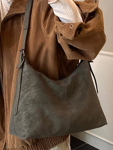 Retro charcoal grey faux suede hobo tote bag with cross stitching and adjustable strap