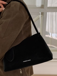 Retro black suede baguette bag for women with fashion lettering and slim shoulder strap