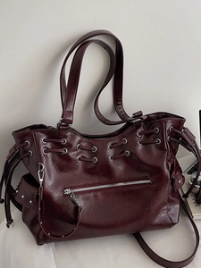 Vintage Grote Capaciteit PU Leer Tote Bag Voor Vrouwen Retro Zachte Onderarm Schoudertas Met Trekkoord Metalen Oogjes Woon-werk Handtas