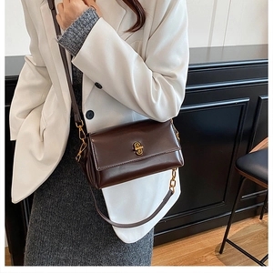 Détail d'un sac à bandoulière marron foncé brillant avec fermoir rotatif doré