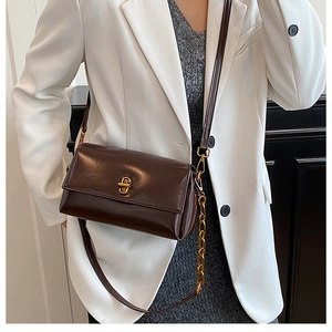 Détail du sac carré marron avec fermoir doré rétro et bandoulière en chaîne