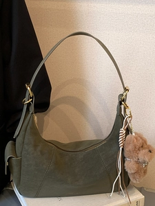 Retro olive green suede hobo bag with cute bear charm for women winter fashion