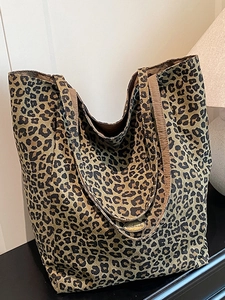 Women Leopard Print Large Capacity Tote Bag Composite Fabric Shoulder Bag College Style Fashion Handbag Shopping Bag