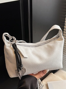 Women Fashion Minimalist Shoulder Bag Suede Texture Underarm Bag With Heart Pendant Zipper Closure Urban Commuting Purse