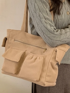 Chic warm beige corduroy tote bag with multi-pockets for stylish daily commuting
