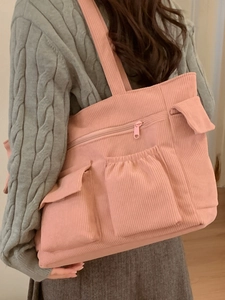 Pink corduroy large tote bag with zipper pockets for daily commuting fashion