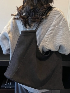 Minimalist large black suede hobo shoulder bag for winter fashion and daily commute