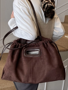 Sac cabas en daim marron foncé pour femme avec cordon de serrage et grande capacité
